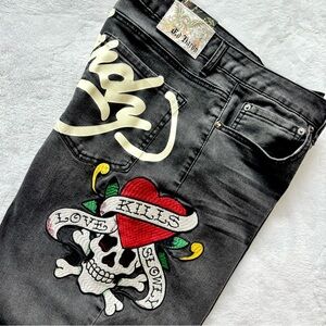 ED HARDY Y2K LKS Skull Wide Leg Faded Black Denim Jean--34